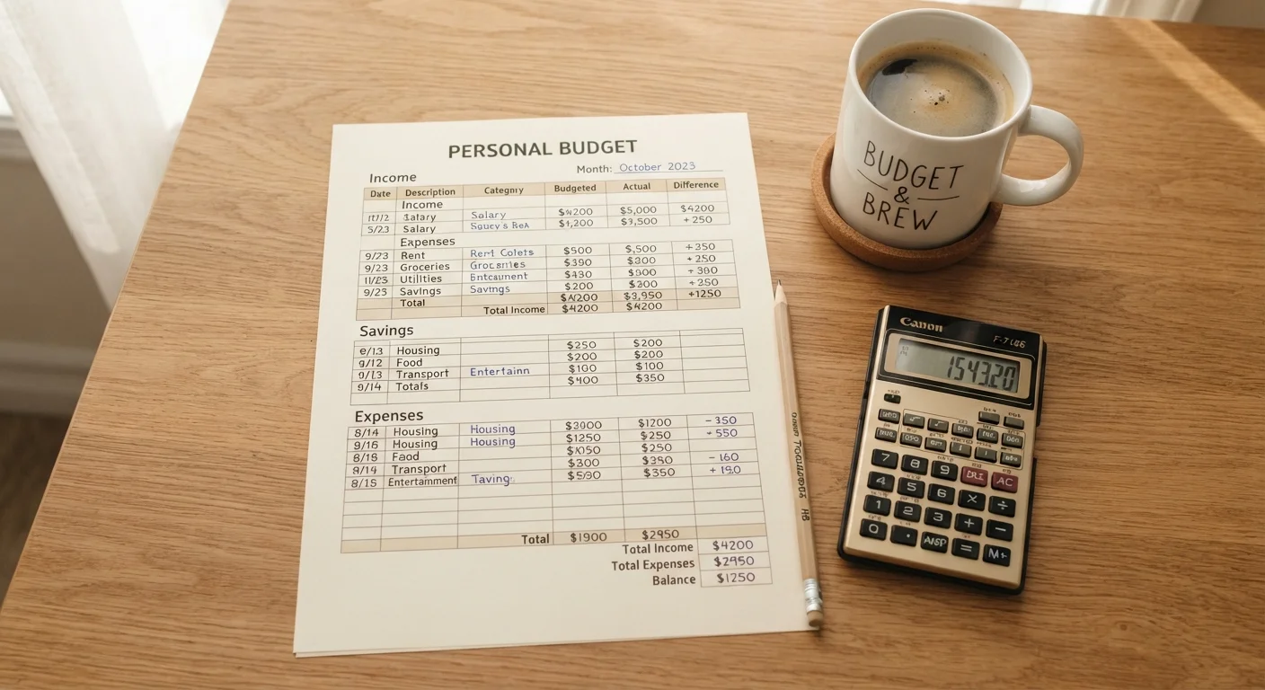 Budget worksheet with calculator and pencil on a wooden desk for personal finance planning