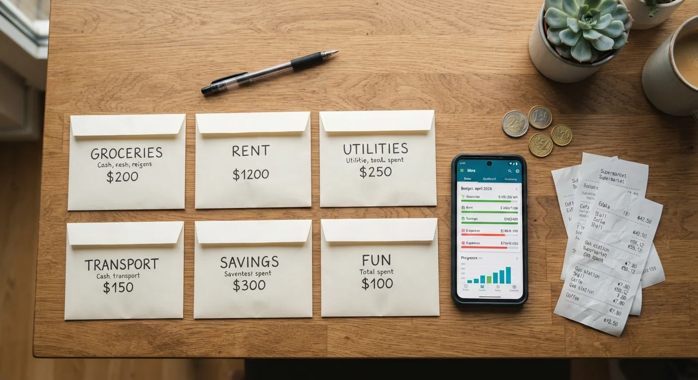 Paper budgeting envelopes labeled with spending categories next to a smartphone showing a budgeting app