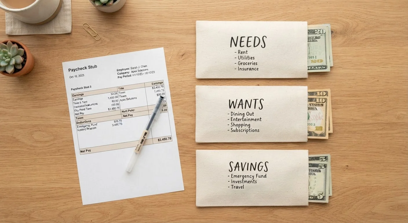 Three labeled envelopes representing needs, wants, and savings next to a paycheck on a desk