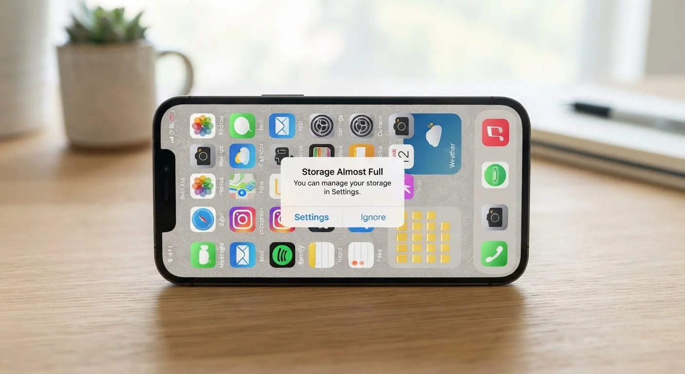 Smartphone screen showing a storage full warning notification with app icons visible